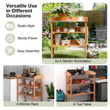 Giantex Garden Potting Bench, Outdoor Wood Workstation Table with Galvanized Steel Tabletop, 5 Hooks, 2-Tier Storage Shelves, Outside Work Station Potting Table with Raised Edge, Easy Assembly Giantex