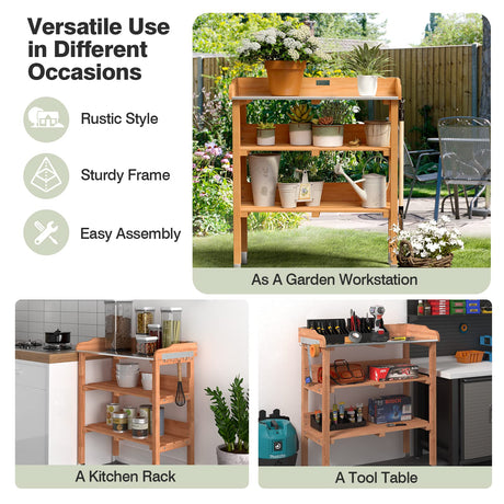 Giantex Garden Potting Bench, Outdoor Wood Workstation Table with Galvanized Steel Tabletop, 5 Hooks, 2-Tier Storage Shelves, Outside Work Station Potting Table with Raised Edge, Easy Assembly Giantex