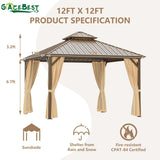 GAZEBEST 12x12 ft Hardtop Gazebo Outdoor Aluminum Patio Gazebo Double Roof Galvanized Steel Gazebo Canopy with Netting and Curtains,for Garden Patio,Patio Backyard,Deck and Lawns GAZEBEST