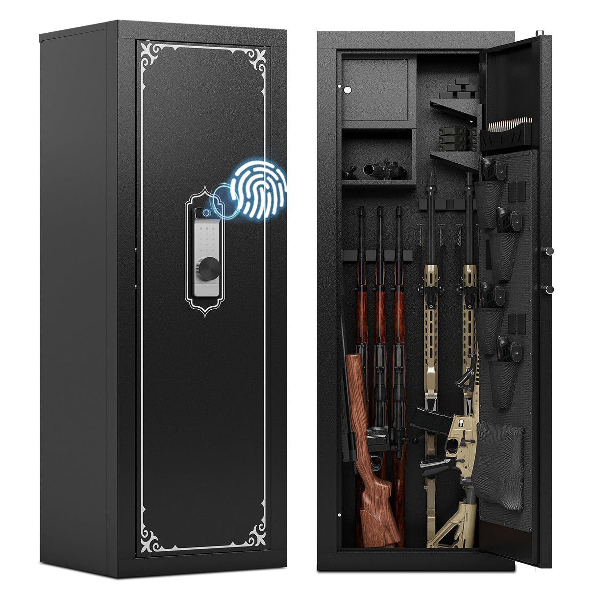 KAER Gun Safe, 10-14 Biometric Gun Safe for Rifles and Pistols, Large Gun Safes for Home, Gun Cabinets for Rifles and Shotguns, Rifle Safe with Built-in Cabinet and Removable Gun Racks KAER