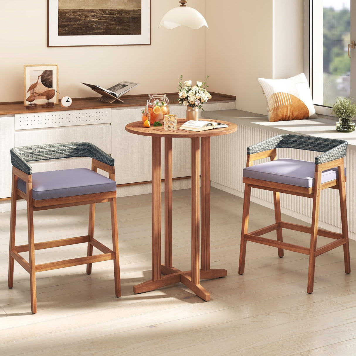 Tangkula Outdoor Acacia Wood Bar Table, 39" Patio Bar Height Round Table with Slatted Tabletop, High Top Bistro Dining Table, Pub Height Round Table for Garden, Deck, Porch and Yard Tangkula