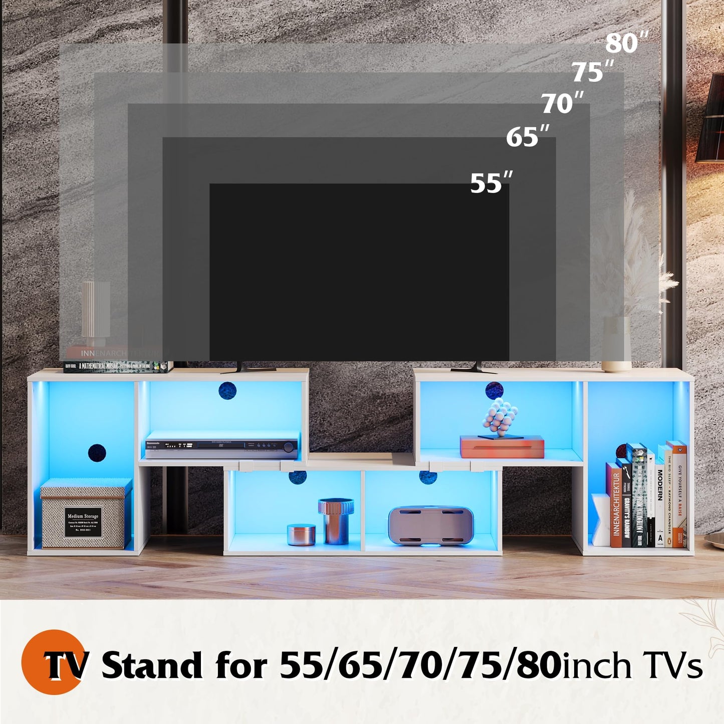 WLIVE TV Stand, Deformable TV Stand with LED Strip, Modern Entertainment Center, Gaming Media 3 Pieces Console Cabinet for Living Room, Bedroom, White