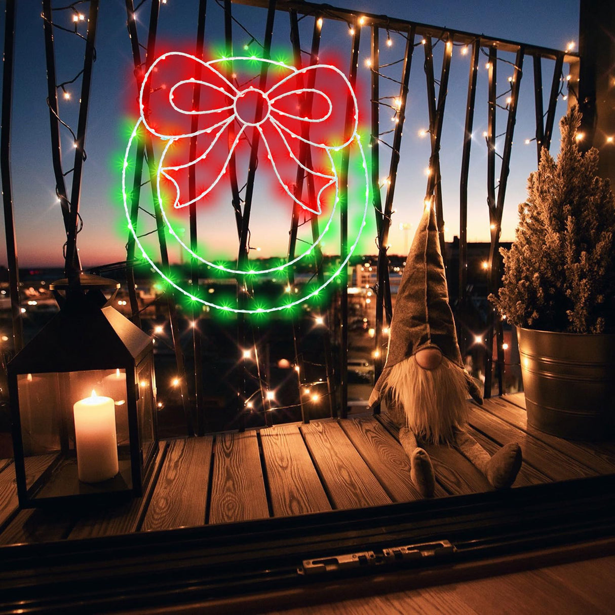 Christmas Wreath Window Lights Decorations, 13.5 IN 82 LED Lighted Christmas Wreath with Bow, Remote Control Timer USB Powered Window Silhouette Lights for Home Door Wall Home Winter Xmas Party Decor CESOF