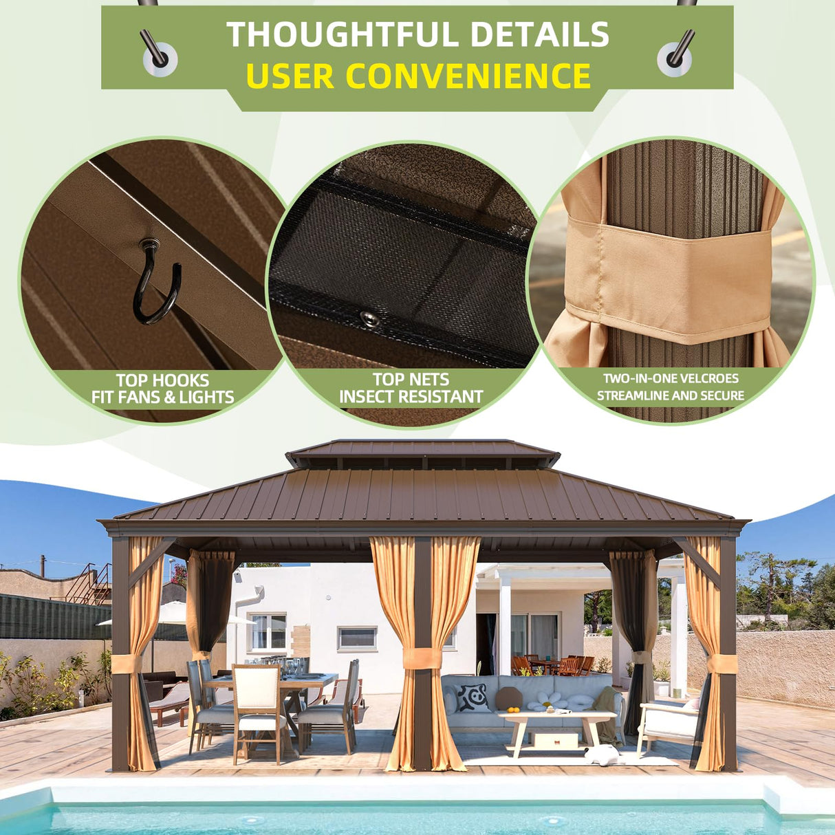 MELLCOM 12' x 18' Hardtop Gazebo,Galvanized Steel Metal Double Roof Gazebo with Curtain and Netting,Brown Permanent Pavilion Gazebo with Aluminum Frame for Patios,Gardens,Lawns MELLCOM