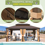 MELLCOM 12' x 18' Hardtop Gazebo,Galvanized Steel Metal Double Roof Gazebo with Curtain and Netting,Brown Permanent Pavilion Gazebo with Aluminum Frame for Patios,Gardens,Lawns MELLCOM