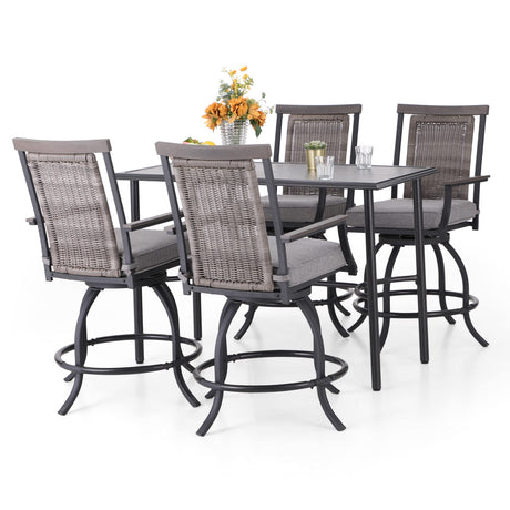 PHI VILLA 5 PCS Outdoor Counter Height Table and Chairs,Swivel Outdoor Bar Chairs with Grey Cushion and Metal bar Table for All Weather,Patio High Dining Set for Indoor,Garden,Yard PHI VILLA