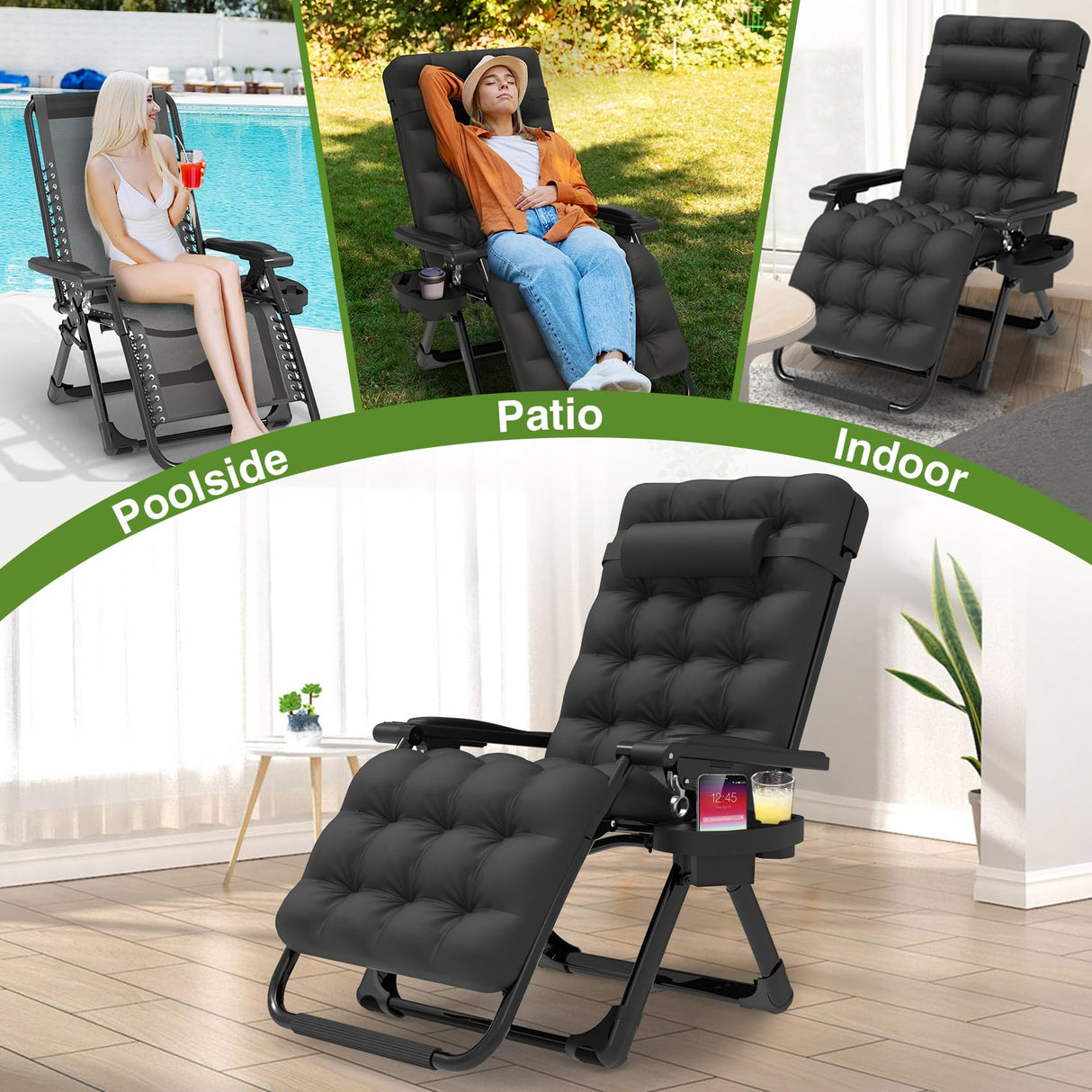 Suteck Zero Gravity Chair, Reclining Camping Lounge Chair w/Removable Cushion, Upgraded Lock and Cup Holder, Reclining Patio Chairs Folding Recliner for Indoor and Outdoor Suteck