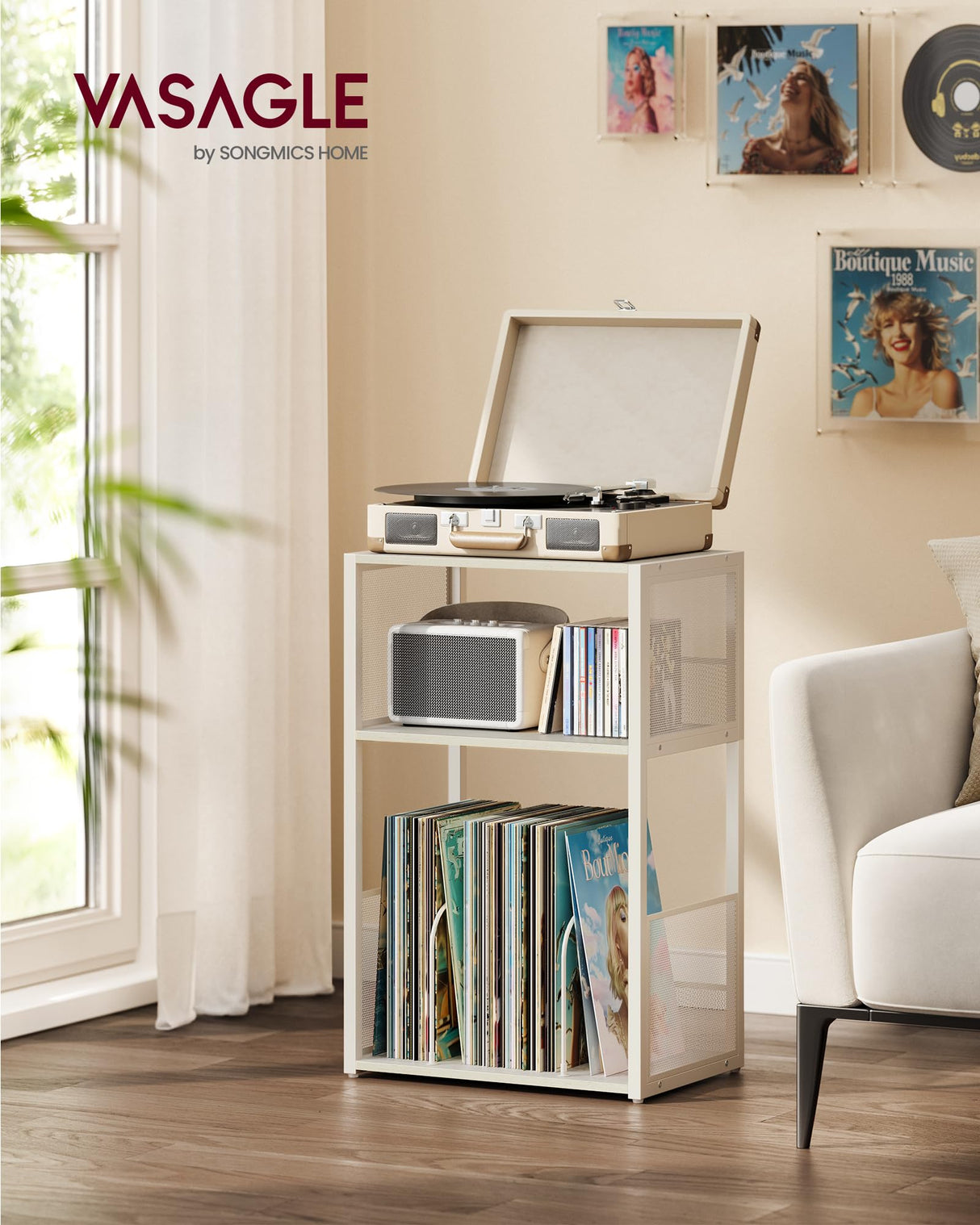 VASAGLE Record Player Stand, 3-Tier Side Table, Vinyl Record Storage up to 100 Albums, End Table for Living Room, Bedroom, Rustic White ULET275W01 VASAGLE