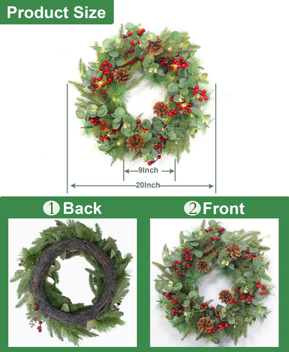 Dual Color Change&Timer Prelit Thick Christmas Wreath with 30 Warm White&Colors Lights 8 Modes,Mixed Norfolk PE Pine Bristle Pine Aspen Fir Tips Eucalyptus Pinecone Red Berry Cedar Xmas Wreath 20 Inch