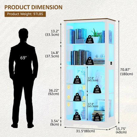 Lvifur Display Cabinet with Glass Doors, Modern Curio Cabinet with 3 Color Lights, 7-Tiers Glass Display Cases for Collectibles, Tall Storage Cabinet with Human Body Sensor for Living Room (White) Lvifur