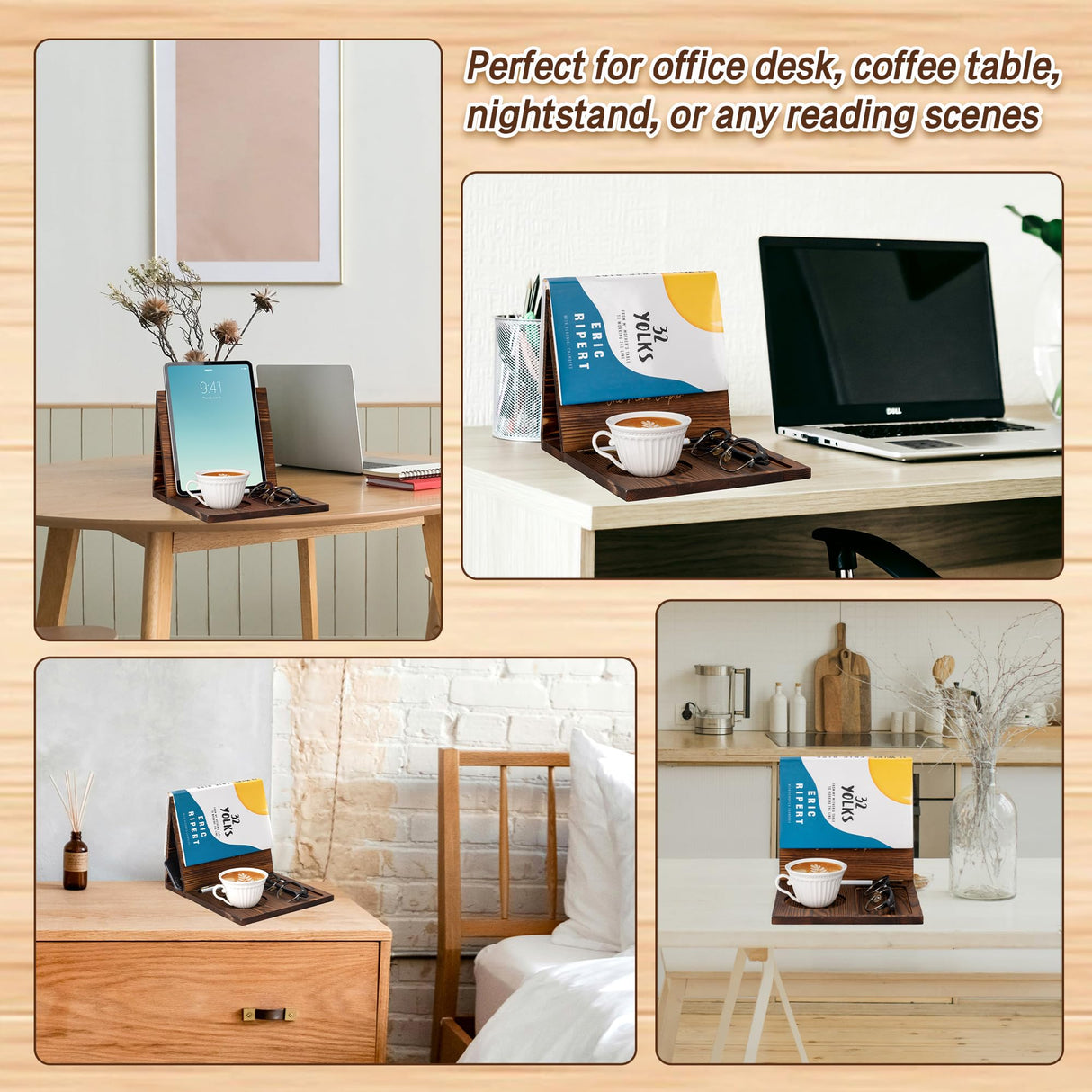 Wooden Book Holder Stand for Page Rest Nook Reading Valet with Coffee Mug Cup Glasses Pen Ipad Holder for Nightstand Desktop Bedside Birthday Gifts for Book Lovers Readers (Dark Brown) GloxwRiyt