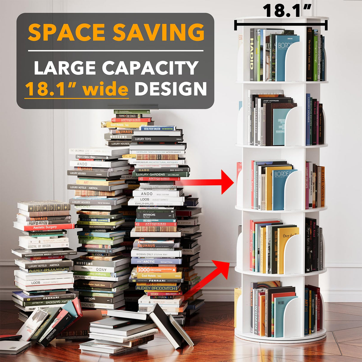 SpaceAid 5 Tier Rotating Bookshelf Tower, Spinning Bookcase Lazy Susan, Revolving 360 Book Shelf Storage Round Carousel, Vertical Rotate Turning Spiral Corner Organizer, White SpaceAid