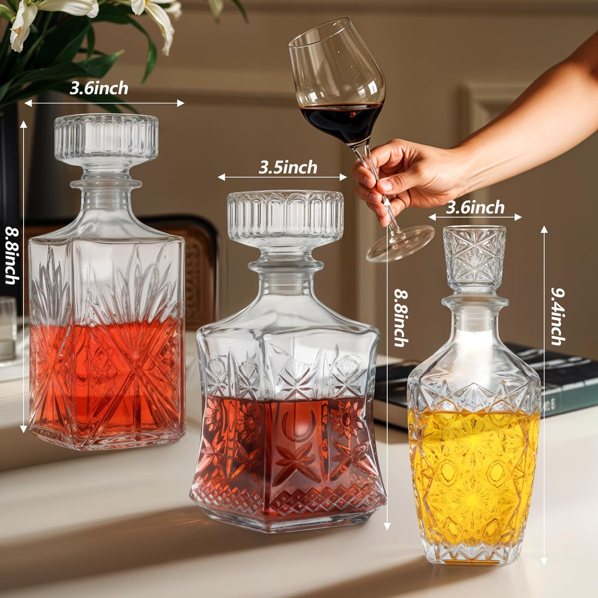 Set of 3 Glass Alcohol Bottle Liquor Decanters Whiskey Decanter for Tequila, Brandy and Vodka Unique Liquor Bar and Party Decorations (28oz*2, 31oz*1) mekueeex
