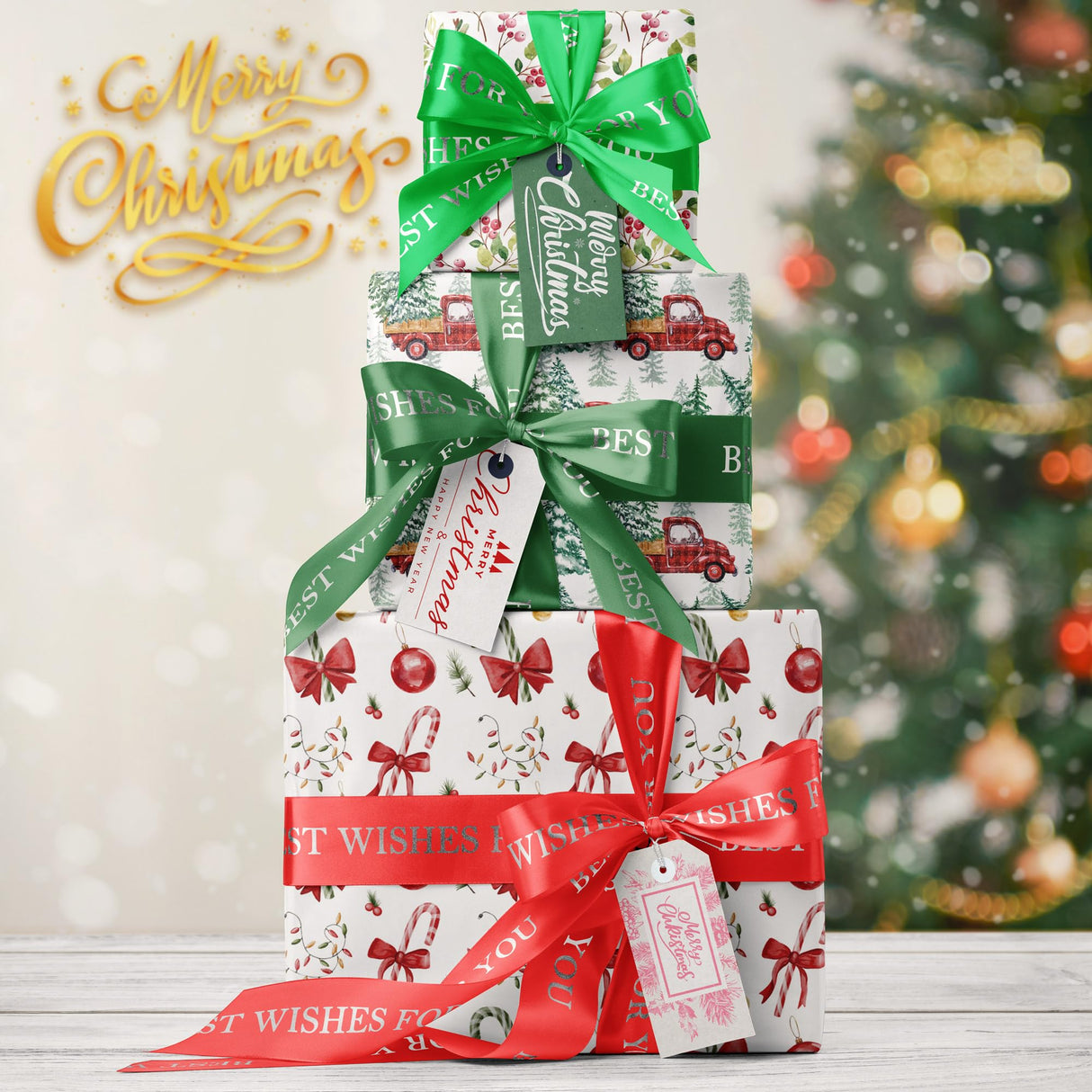 GIOLNIAY Candy Canes Christmas Wrapping Paper for Kids Adults - Holiday Gift Wrap Red Bows, Candy Canes & Ornaments - 4 Jumbo Sheets, 28" x 40" Each (31 sq. ft ttl), Easy to Store GIOLNIAY