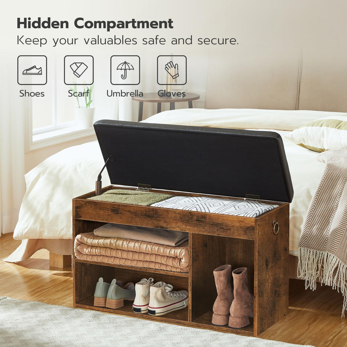 HOOBRO Shoe Storage Bench with Padded Cushion, Entryway Bench with Flip-Open Storage Box and Adjustable Shelf, Shoe Rack with Hidden Compartment, for Entryway, Living Room, Rustic Brown BF40HX01 HOOBRO