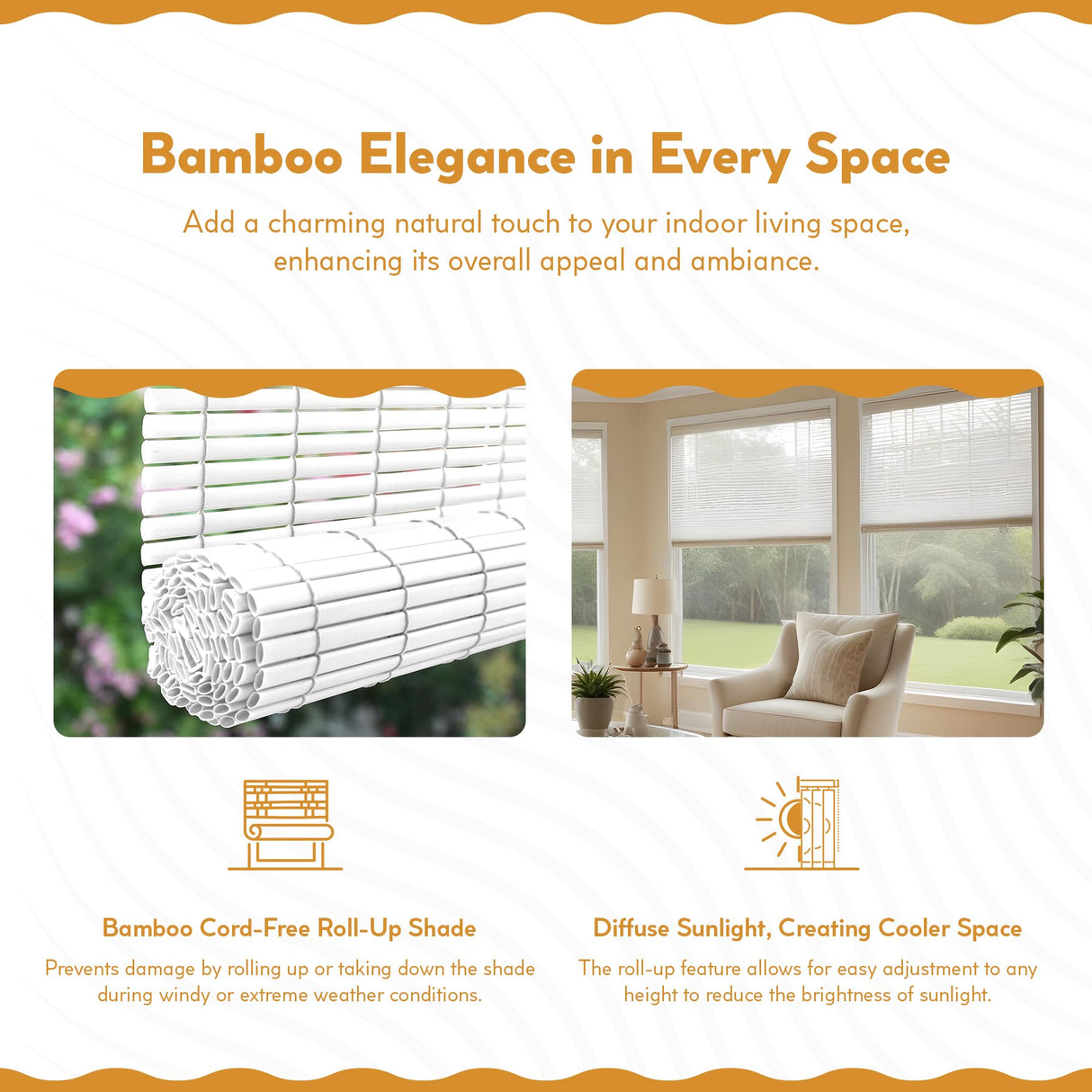 Radiance Cordless Bamboo Roman Shades for Windows - Bamboo Blinds for Semi-Private Light Control - Easy to Lift & Fold Up Window Shades - White - 39" W x 64" L - (2215338E) Radiance