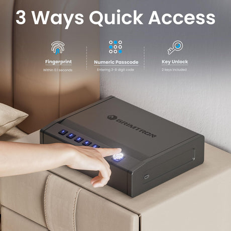 Grimtron Biometric Gun Safe for Handgun – Quick Access Pistol Safe with 100 Fingerprints, Backlit Keypad & Backup Keys – Gun Lock Box for Nightstand, Bedside, Car, Truck & Vehicle Use Grimtron