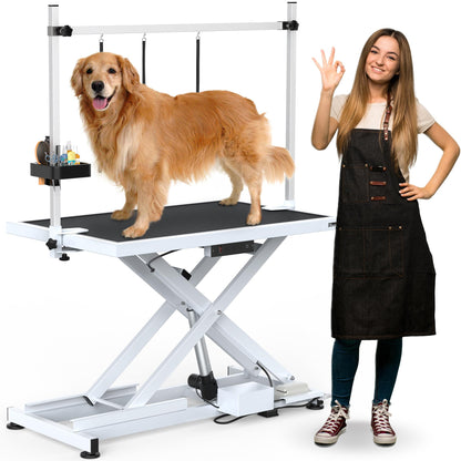 YITAHOME 50" Electric Dog Grooming Table Professional Heavy Duty Pet Grooming Table for Dogs at Home, Aluminium Adjustable Overhead Arm & Tool Organizer, Large Pet Grooming Station White - WoodArtSupply