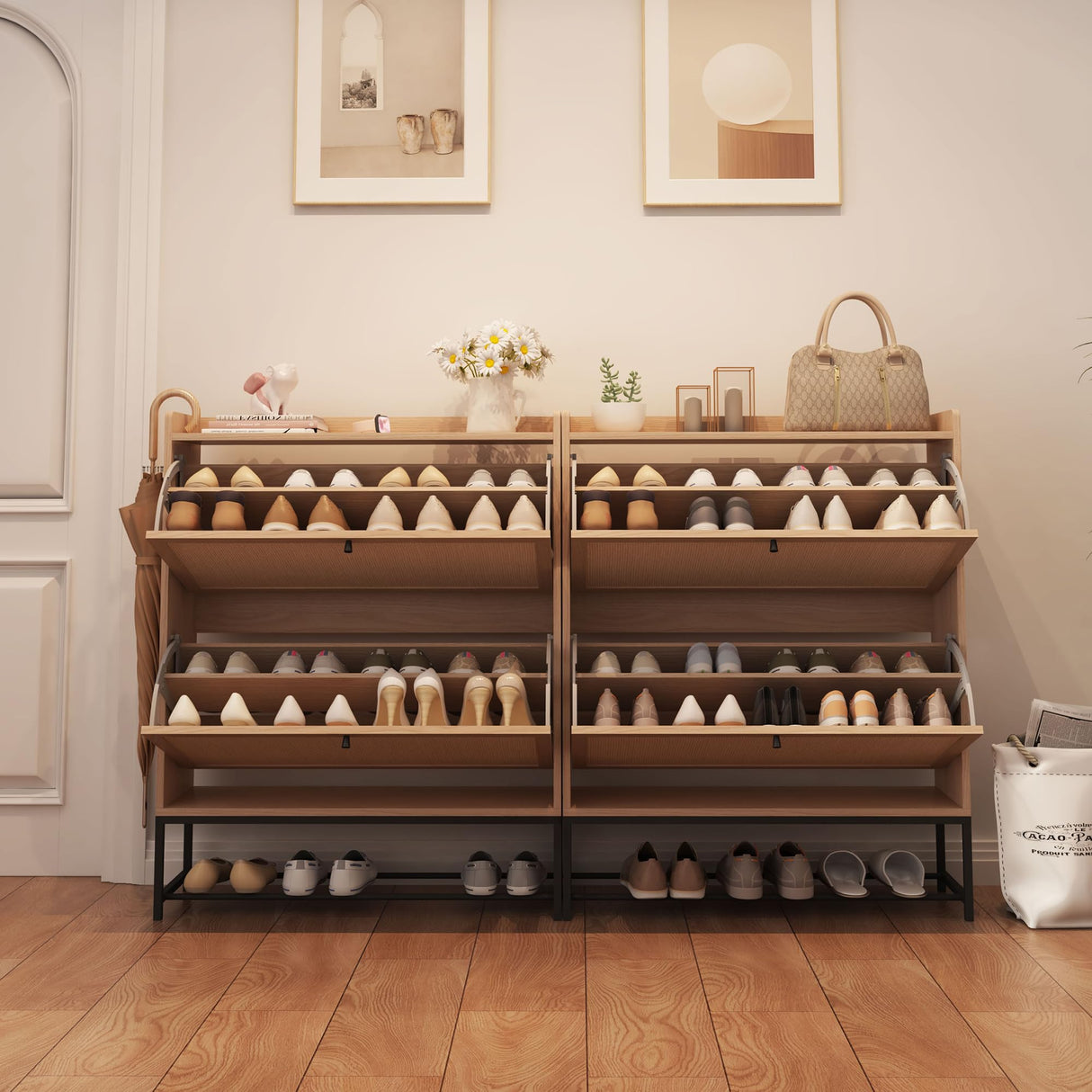 AVZEAR Freestanding Shoe Cabinet with 2 Flip Drawers - Modern Narrow Organizer for Hallway, Bedroom, and Entryway (Natural) AVZEAR