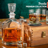 Whiskey Decanter Set in Wooden Gift Box - Includes Decanter, 4 Scotch Glasses, 4 Natural Slate Coasters, 8 Chilling Stones & Rubber Grip Tongs - Great Mens Home Bar Gift for Him, Husband, Dad Froolu
