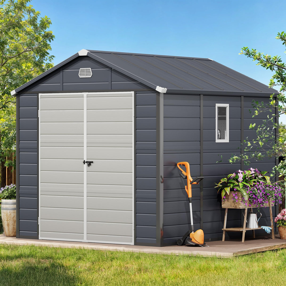 DWVO 8x9FT Outdoor Storage Shed w/o Floor, All-Weather Plastic Shed with Lockable Doors, Window & Vents, Plastic Tool Shed for Backyard, Patio, Poolside, Lawn, Gray DWVO