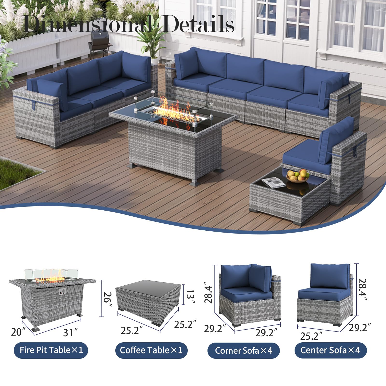 Amopatio Patio Furniture with Fire Pit, Outdoor Furniture Wicker Furniture Couch Set, 10 Pieces Outdoor Sectional Sofa with Patio Furniture Cover, 44" Gas Fire Pit Outdoor Furniture (Navy) - WoodArtSupply