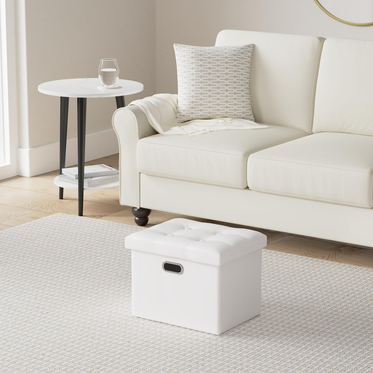 COSYLAND Storage Ottoman 17x13x13in Leather Ottoman Rectangle Foot Rest Foot Stool Folding Ottoman for Room Dorm Small Collapsible Bench Seat Organizer Entryway Furniture with Handles Lid White COSYLAND