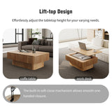 38.6" Square Lift Top Coffee Table, Modern Fluted Tea Table with Hidden Storage for Living Room, Apartment or Office, Natural Wood KIGFTSOD
