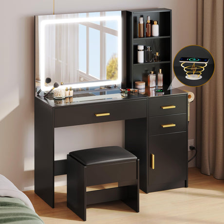 YITAHOME Vanity Desk Set, with Wireless Charging Station &Power Outlet, Vanity Mirror with Tempered Glass Top & Large Storage Spaces Vanity Table Set, Black YITAHOME