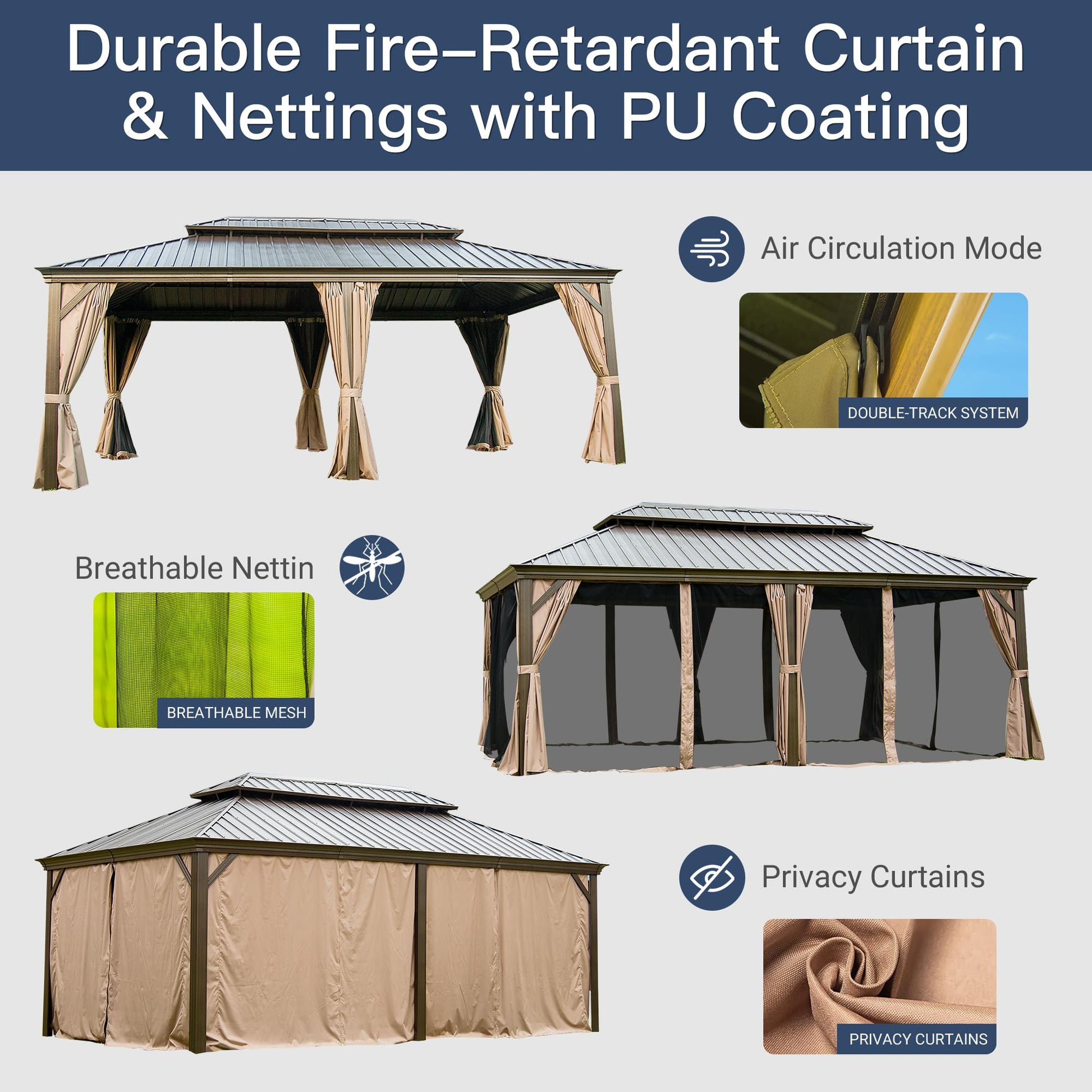 12' x 20' Hardtop Gazebo Outdoor Aluminum Gazebos with Galvanized Steel Double Canopy for Patios Deck Backyard,with Curtains&Netting by domi outdoor living Brown - WoodArtSupply