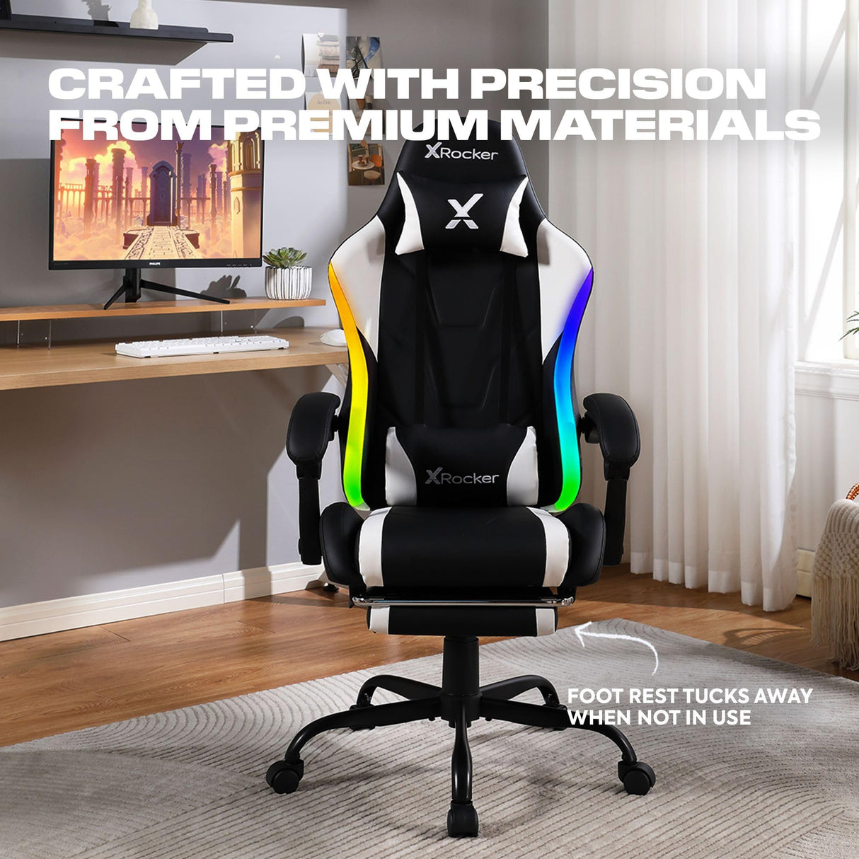 X Rocker Achiever PC Video Gaming Chair, RGB LED Lighting, Adjustable Ergonomic Office Desk Chair for Computer Gamers with Wheels, Black & White X Rocker
