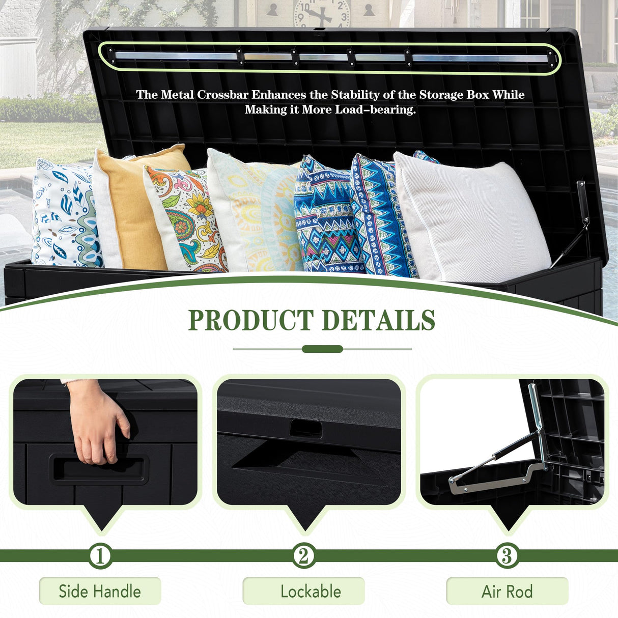 Greesum 100 Gallon Resin Deck Box Lockable Large Outdoor Storage Boxes for Garden Tools, Patio Furniture Cushions, Pool Supplies, Black Greesum