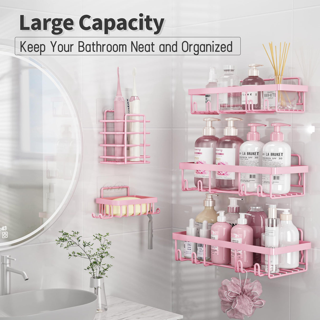 Liuoud 5 Pack Shower Caddy Organizer Rack Shelf for Inside Shower, Adhesive Bathroom Wall Storage Basket Rustproof Stainless Steel Shampoo Holder, Girly Bathroom Accessory Decor Set, Pink Liuoud