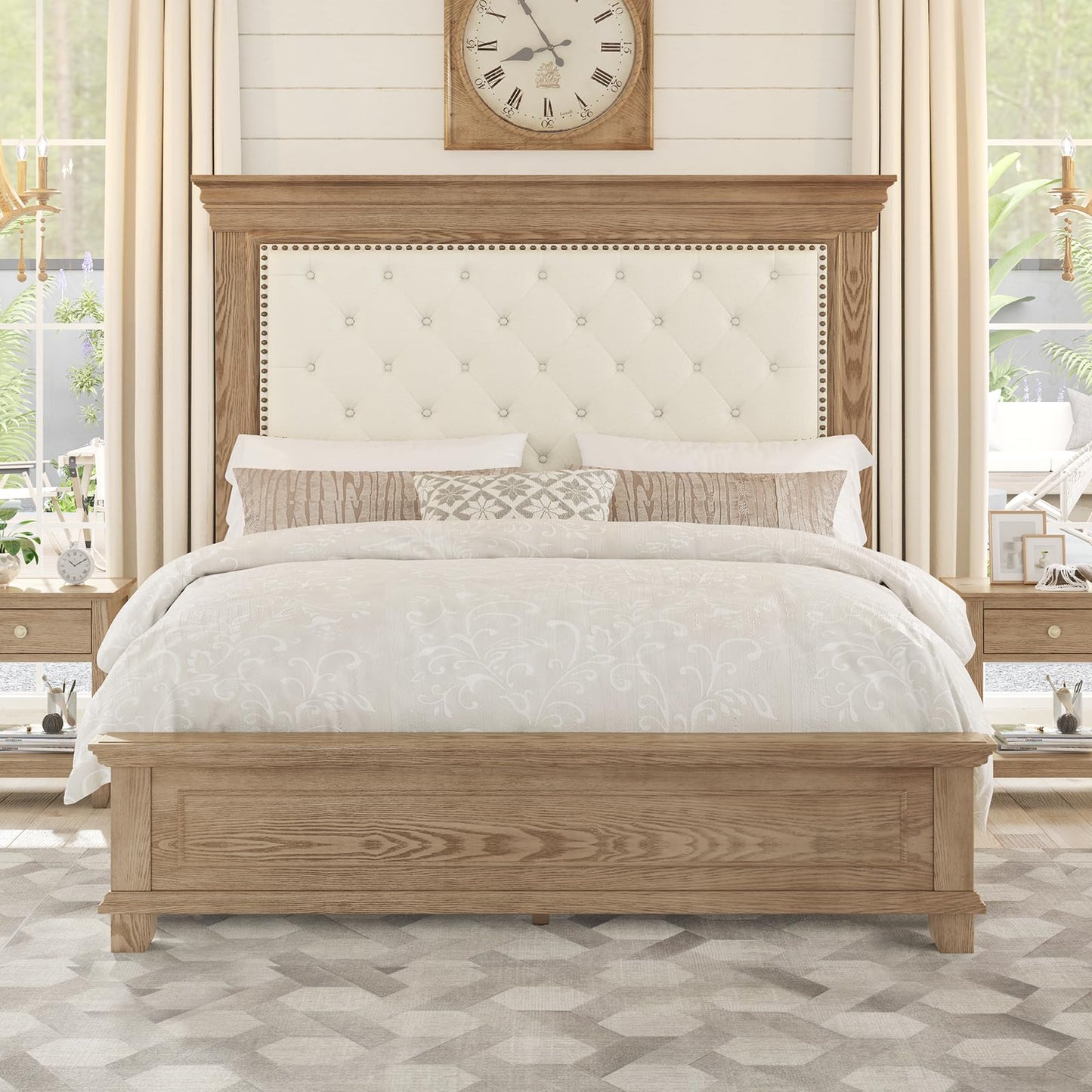 YUMPIE Queen Rustic Solid Wood Bed Frame With 68" Tall Headboard, Farmhouse Chenille Upholstered Panel Platform Bed Mattress Frame, Button Tufted/Antique Brass Nail Trim/No Box Spring Needed, Milk Ash