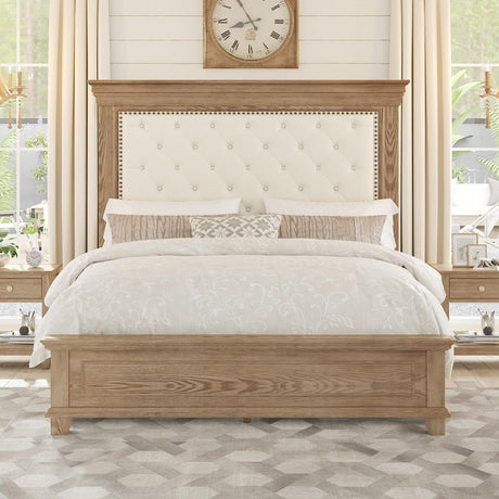 YUMPIE Queen Rustic Solid Wood Bed Frame With 68" Tall Headboard, Farmhouse Chenille Upholstered Panel Platform Bed Mattress Frame, Button Tufted/Antique Brass Nail Trim/No Box Spring Needed, Milk Ash YUMPIE