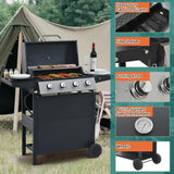 ARCLIS 4 Burner BBQ Gas Grill, Propane Grill with Side Shelves and Wheel Casters, 34,200 BTU Output Stainless Steel Outdoor Barbecue Cooking Grate for Kitchen and Patio Backyard ARCLIS