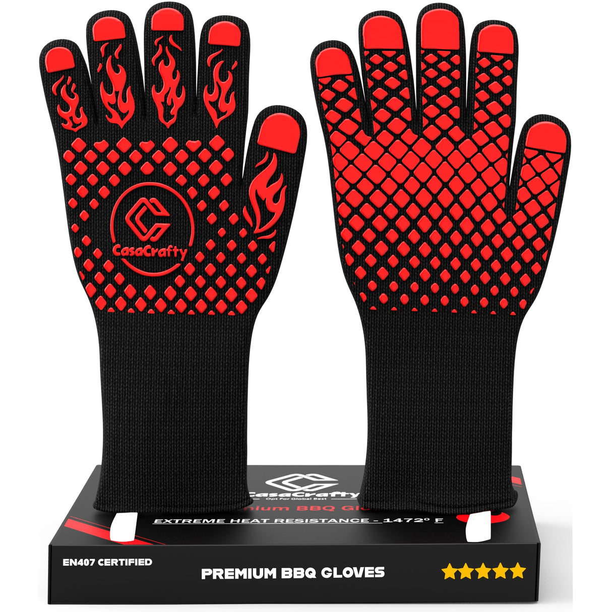 Pro-Series EN 407 Certified BBQ Gloves - Extreme Heat Resistant Grill Gloves (1472℉/800℃), Heatproof/Fireproof Protection Oven Mitts for Grilling, Cooking, Baking, Camping, and Welding - 1 Pair Casacrafty