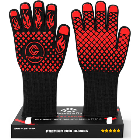 Pro-Series EN 407 Certified BBQ Gloves - Extreme Heat Resistant Grill Gloves (1472℉/800℃), Heatproof/Fireproof Protection Oven Mitts for Grilling, Cooking, Baking, Camping, and Welding - 1 Pair Casacrafty