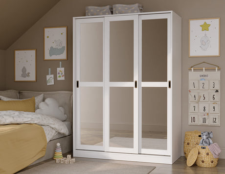 Palace Imports 100% Solid Wood White Wardrobe Closet System w/ 3 Sliding Mirrored Doors, 5 Shelves Included, 52" w x 72" h x 22.5" d, Renewable Eco-Friendly Wood, Made in Brazil Palace Imports