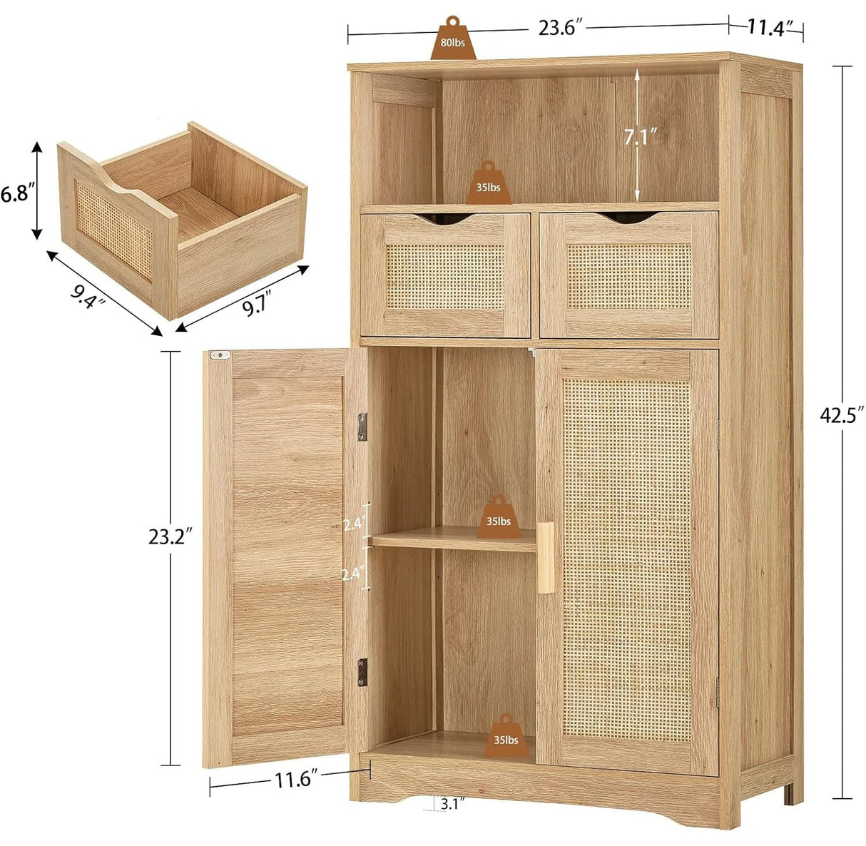 Iwell Storage Cabinet with 2 Drawers & Adjustable Shelves, Rattan Cabinet, Kitchen Pantry Cabinets, Cupboard for Living Room, Kitchen, Home Office, Natural Iwell