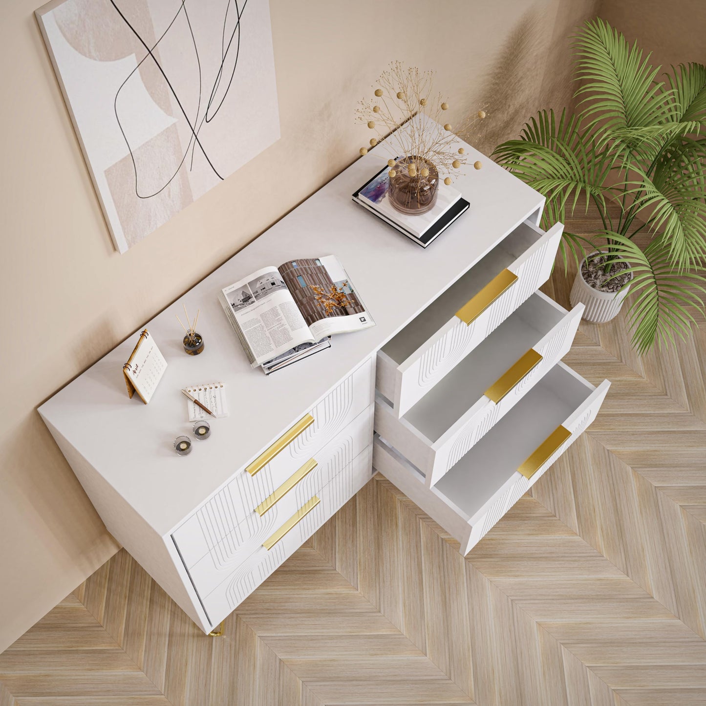 NEWOWNDS Fluted 6 Drawer Dresser,41" W*26H Modern Chest of Drawers with Stable 5 Golden Legs，Unique Curve Profile Design for Bedroom, Living Room,Entryway,Hallway,Solid White