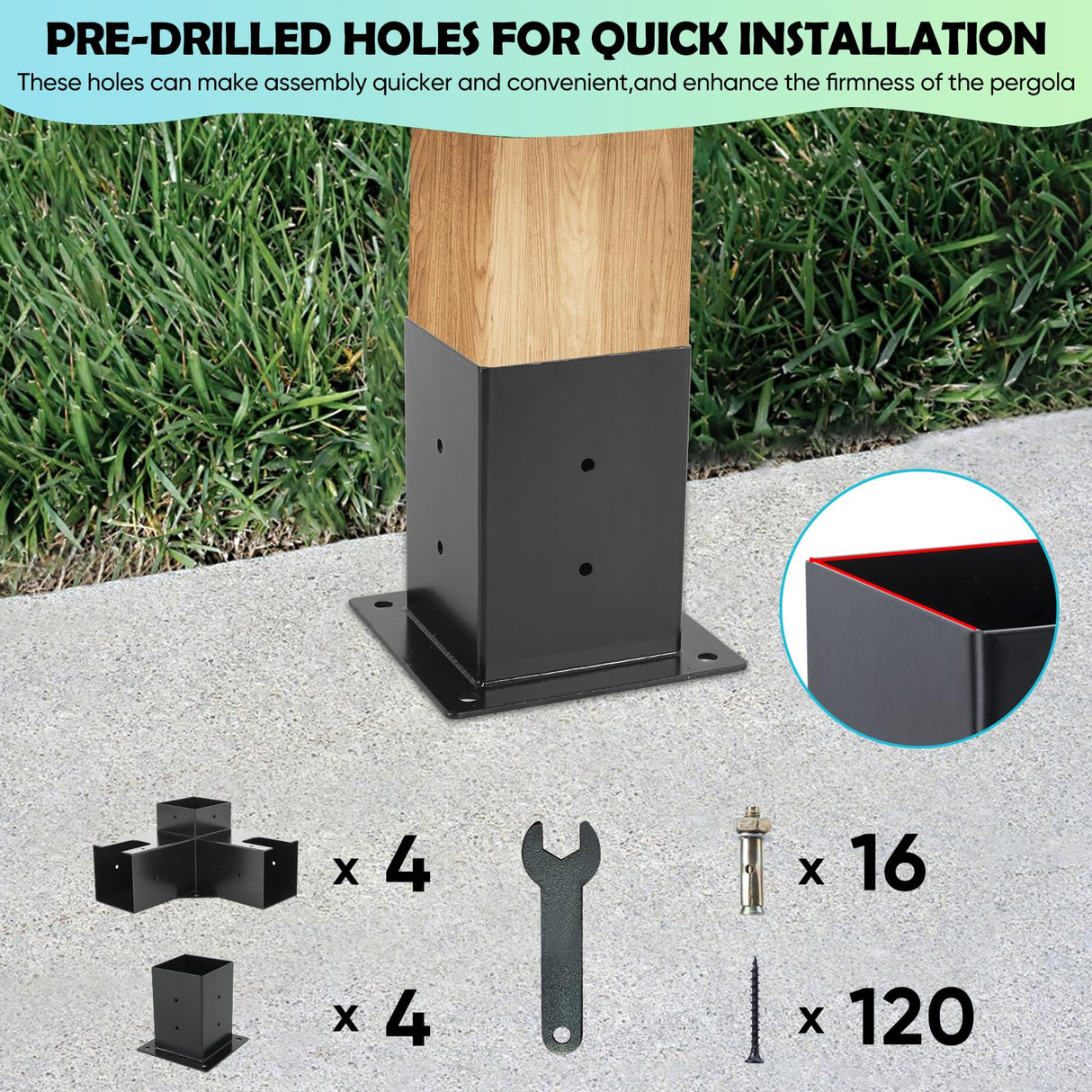 8PCS Pergola Kit Corner Brackets, BRRIY Pergola Brackets Kit 4x4 with 4 3-Way Angle Corner Brackets and 4 Post Bases(3.5inchx3.5inch), Gazebo Kits for Extension Gazebo BRRIY