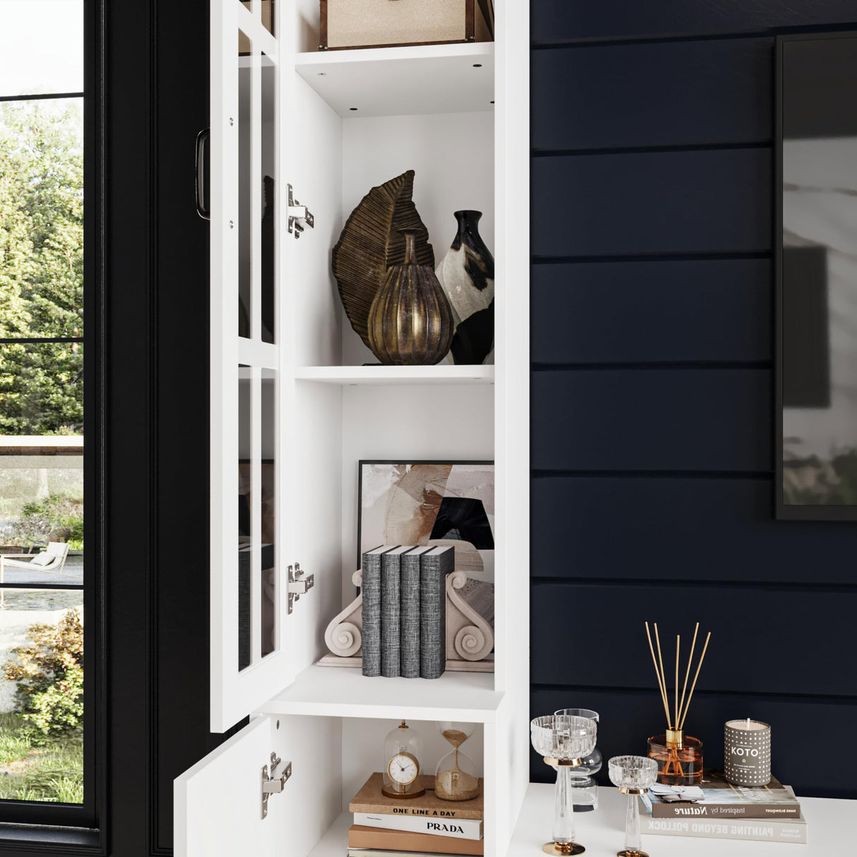 AIEGLE Glass Door Entertainment Center with Storage Bridge, Traditional Media Console Table Wall Unit with Shelves for 70 75 inch TV, TV Stand Set, White, 96.9”W AIEGLE