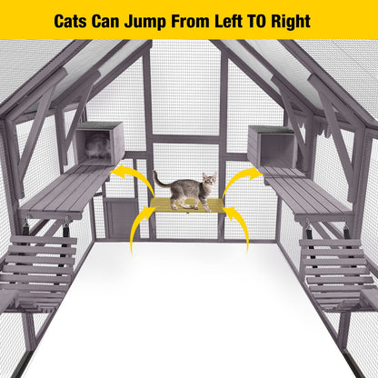 Aivituvin Cat Run Large Cat Enclosure Wooden Cat Catio Outdoor Kitty House with Bridges, Walks, Small Houses, Roof Cover 110 Inch