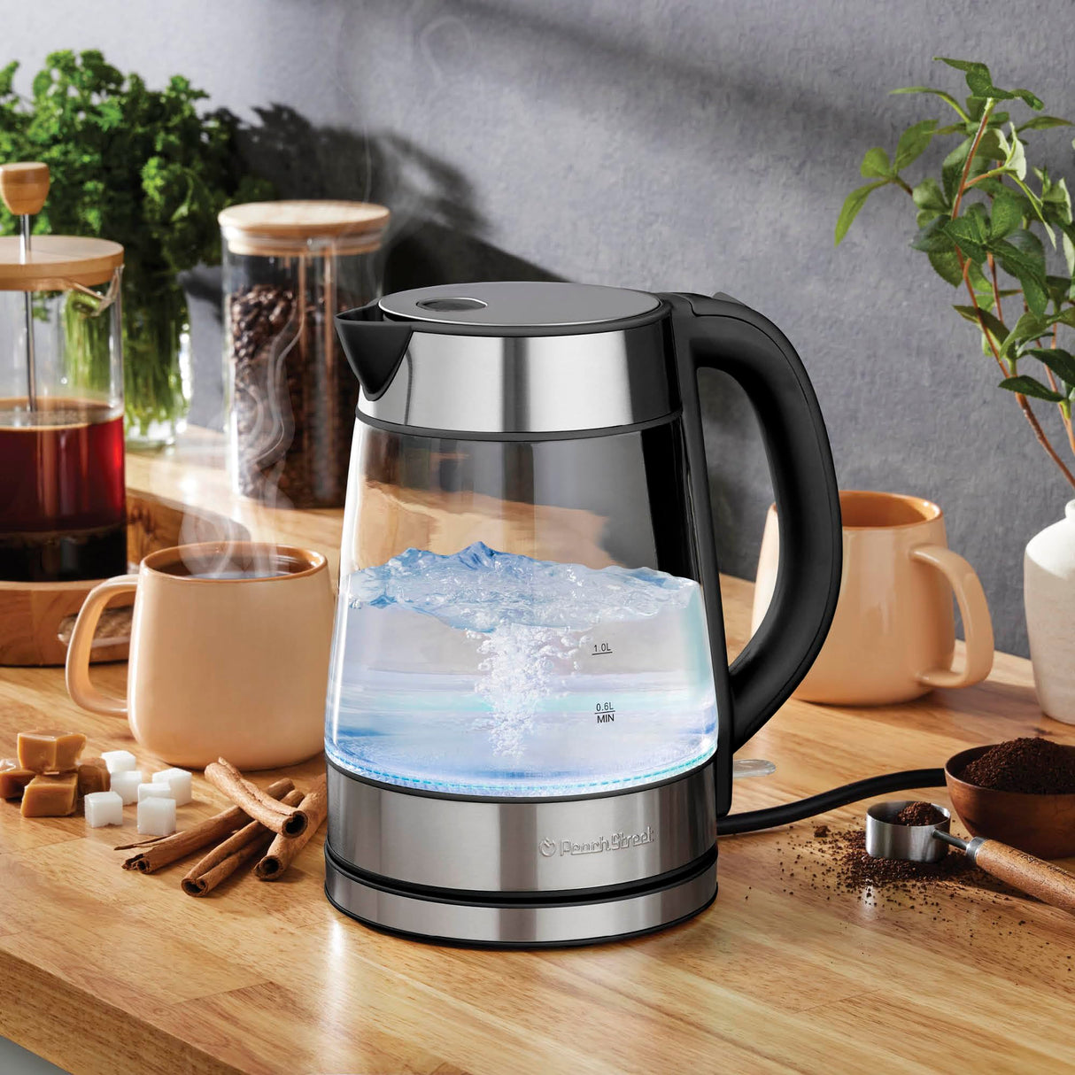 Speed-Boil Electric Kettle For Coffee & Tea - 1.7L Water Boiler 1500W, Borosilicate Glass, Easy Clean Wide Opening, Auto Shut-Off, Cool Touch Handle, LED Light. 360° Rotation, Boil Dry Protection Peach Street