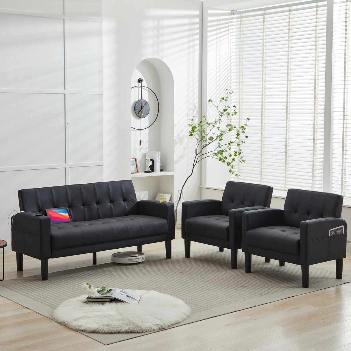 TYBOATLE Sofa Couch 62" W Loveseat w/ 2 USB Charger Ports & 2 Cupholders, Mid-Century Modern Tufted Small Love Seat Couches for Office, Living Room,Bedroom,Apartment,Dorm (3, Black) TYBOATLE