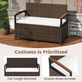 RELAX4LIFE Wicker Outdoor Storage Bench - Rattan Deck Box w/Protective Liner for Patio Furniture Pillows, Pool Supplies & Garden Tools, Porch Loveseat with Seat Cushion, Acacia Wood Armrests RELAX4LIFE