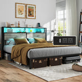 King Size Bed Frame with Headboard, Metal Platform Bed Frame with LED Lights & Charging Station, Under Bed Storage, Solid and Stable, No Box Spring Needed, Noise Free, Easy Assembly, Rustic Grey RVONOW