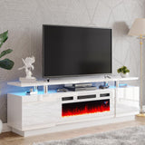 AMERLIFE Fireplace TV Stand with 36" White Fireplace, 70" Modern High Gloss Fireplace Entertainment Center LED Lights, 2 Tier TV Console Cabinet for TVs Up to 80", White & White AMERLIFE