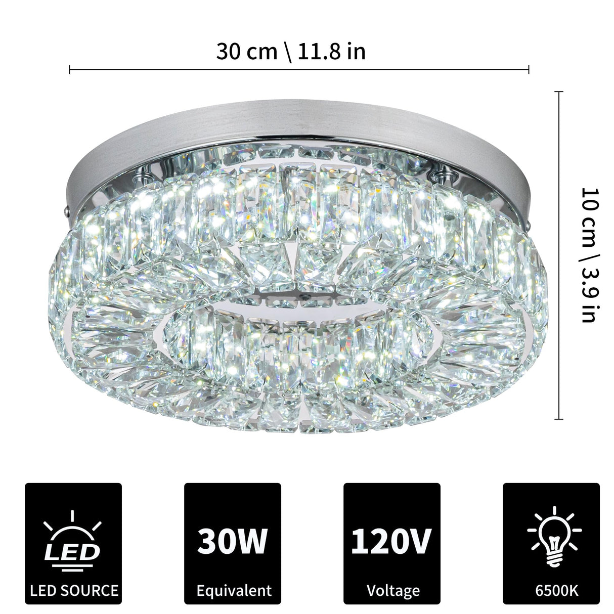 11.8” Crystal Ceiling Light Fixture Bedroom Chandelier Ceiling Light LED Flush Mount Chandelier for Dining Room Hallway (6500K Cool White) Without Remote Control Cainjiazh